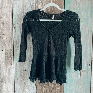 Free People Lace Peplum Button Blouse Black Small